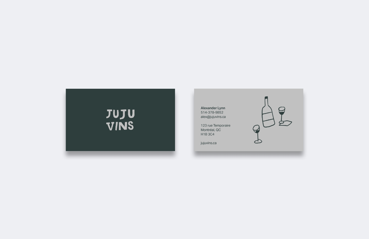 JuJu Vins business cards with illustrations of wine bottle and glasses